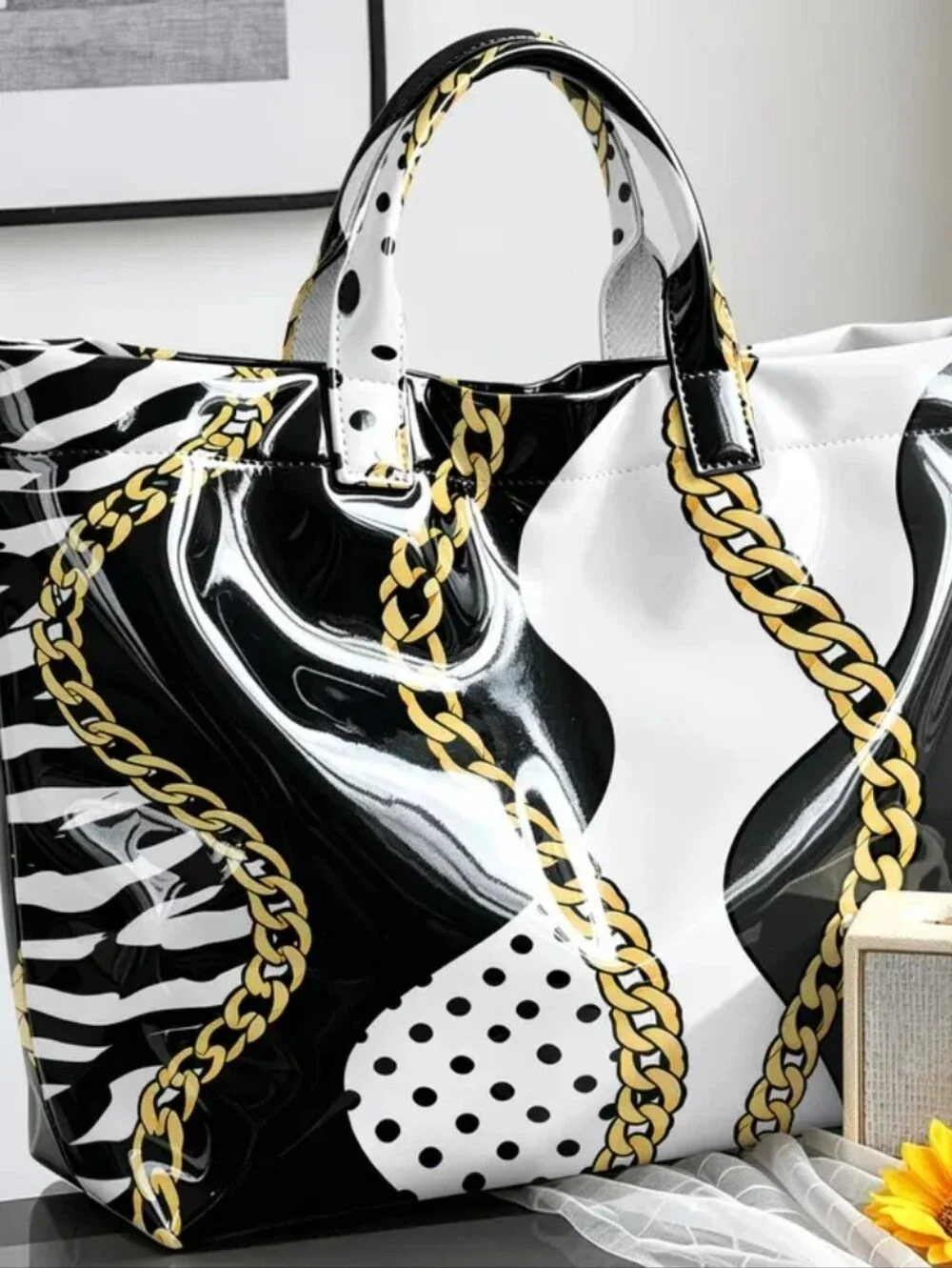 Women Animal Chain Print Glossy Hand Tote Bag Large Daily Commuter Tote